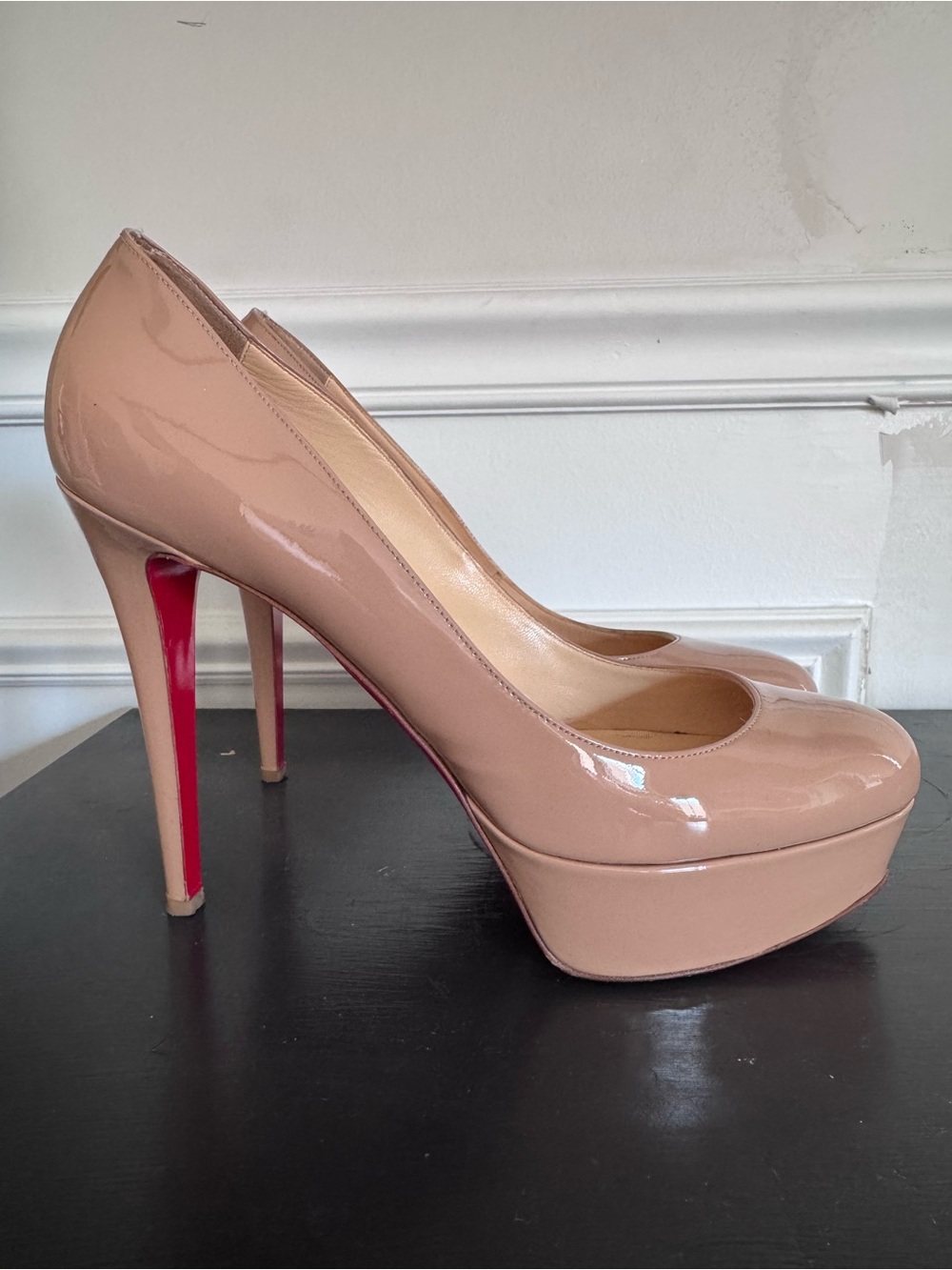 Christian Louboutin Nude Patent Platform Pumps with Red Soles